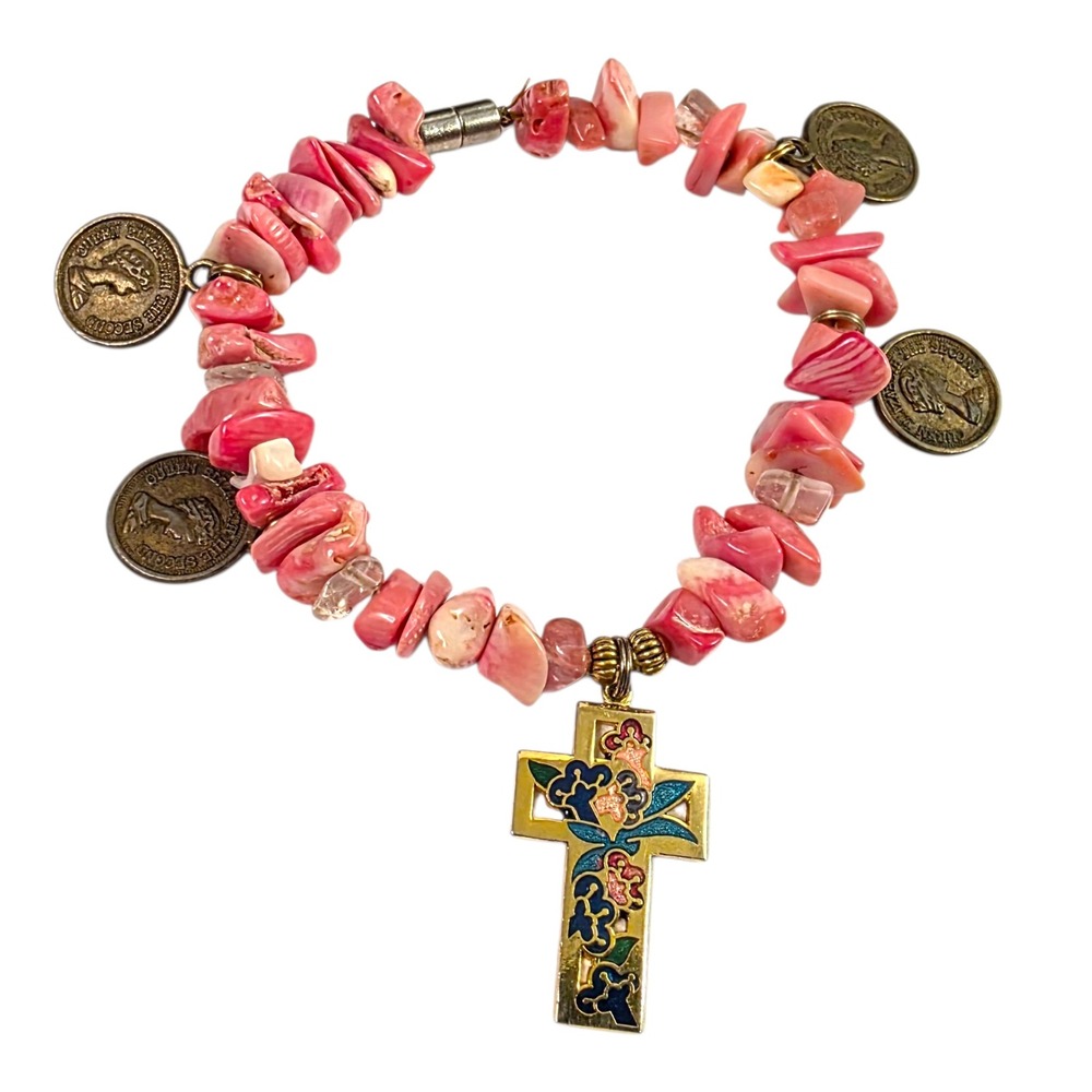 Vintage Rhodochrosite Chip Bracelet Enamel Floral Cross Queen Elizabeth II Coins